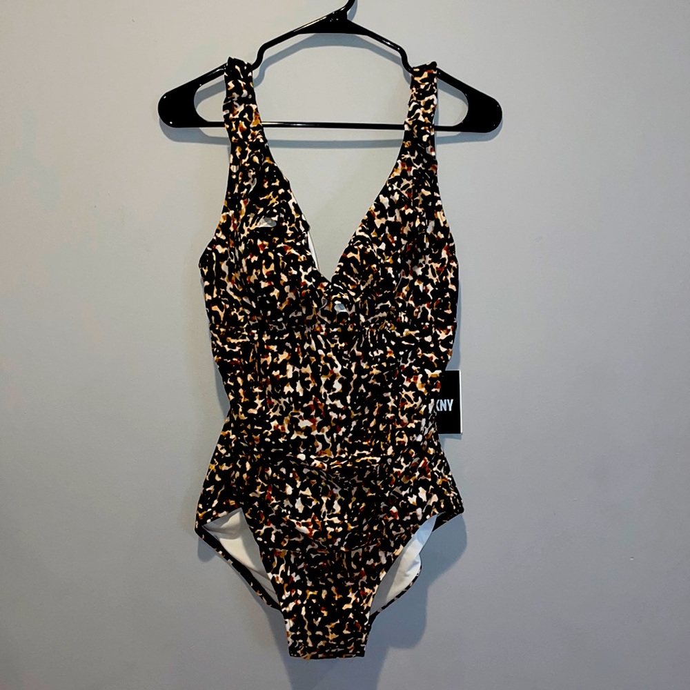 DKNY ruffle plunge underwire tummy-control one piece swimsuit size 12